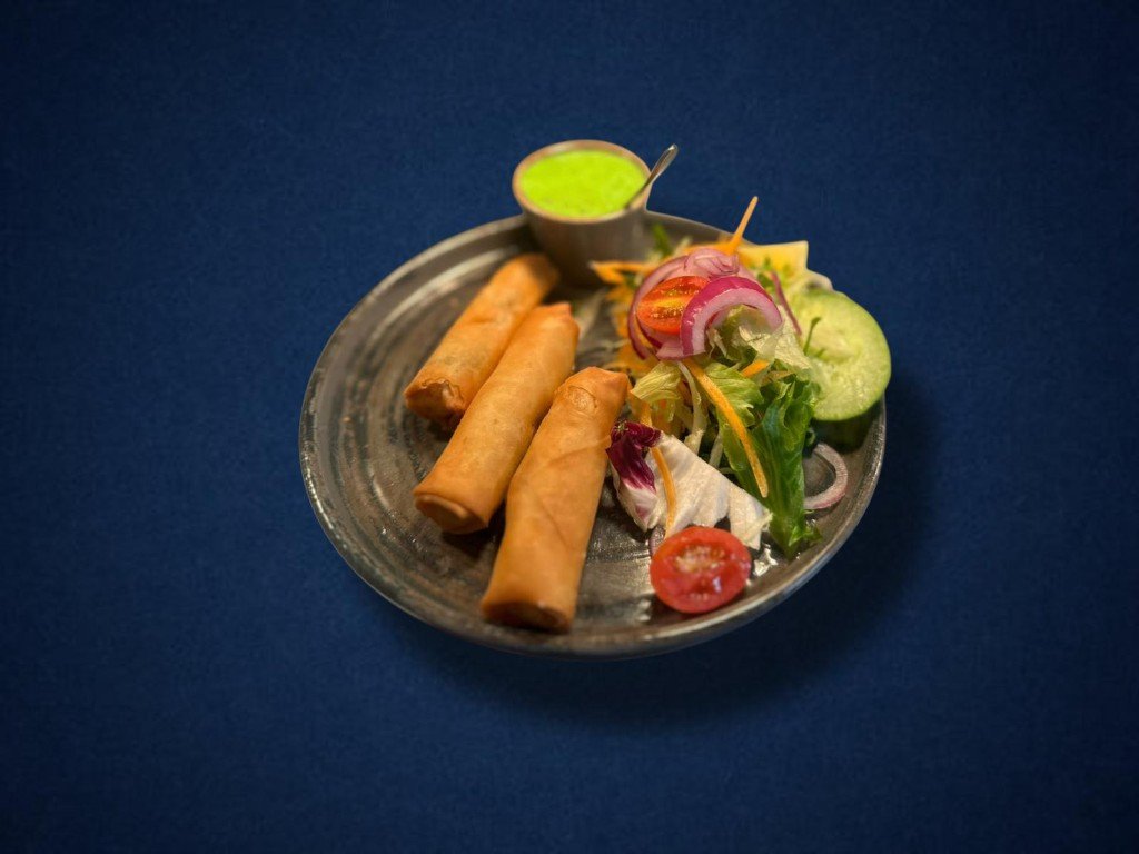 Spring rolls with salad and chutney